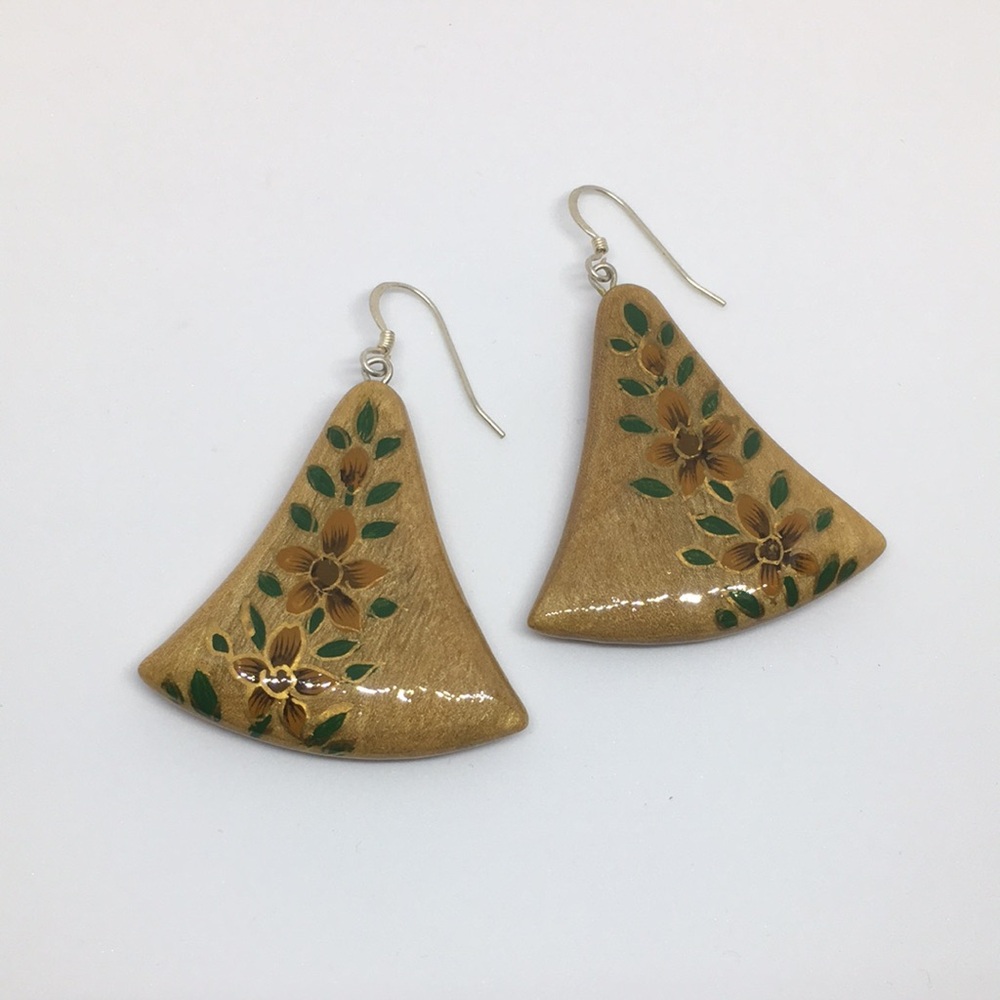 Hand Painted Walnut Wood Sterling Silver Bell Earrings Orange & Green Florals